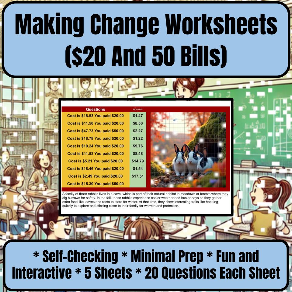 Making Change Worksheets ($20 And 50 Bills) Mystery Picture Worksheet P0055