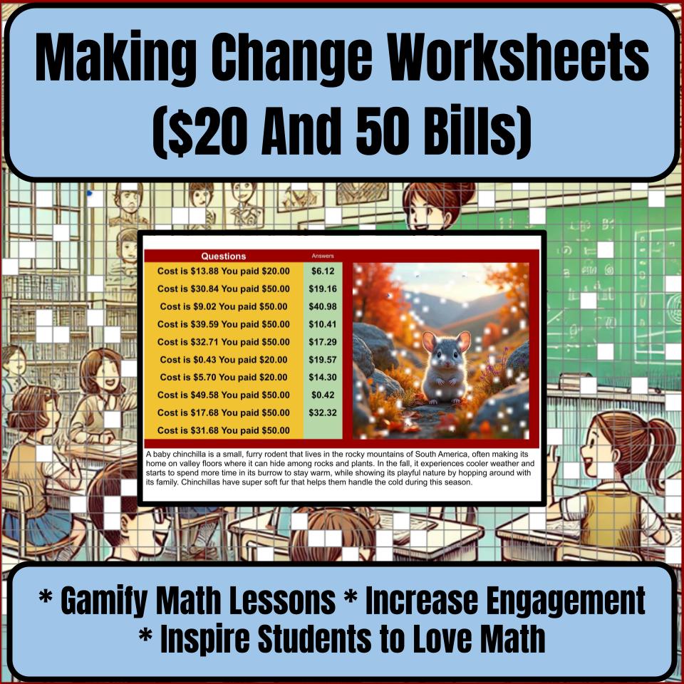 Making Change Worksheets ($20 And 50 Bills) Mystery Picture Worksheet P0055
