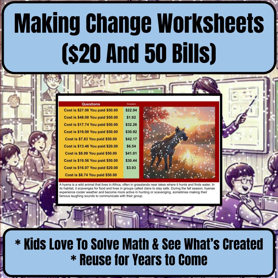 Making Change Worksheets ($20 And 50 Bills) Mystery Picture Worksheet P0055