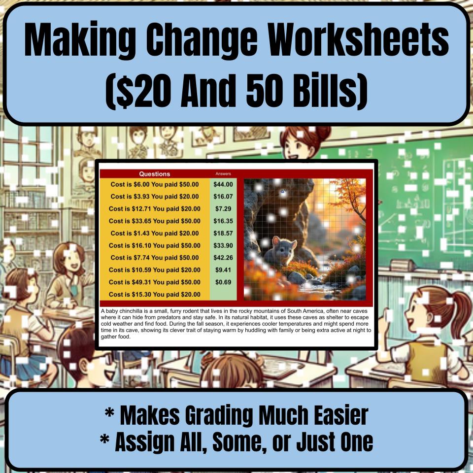 Making Change Worksheets ($20 And 50 Bills) Mystery Picture Worksheet P0055