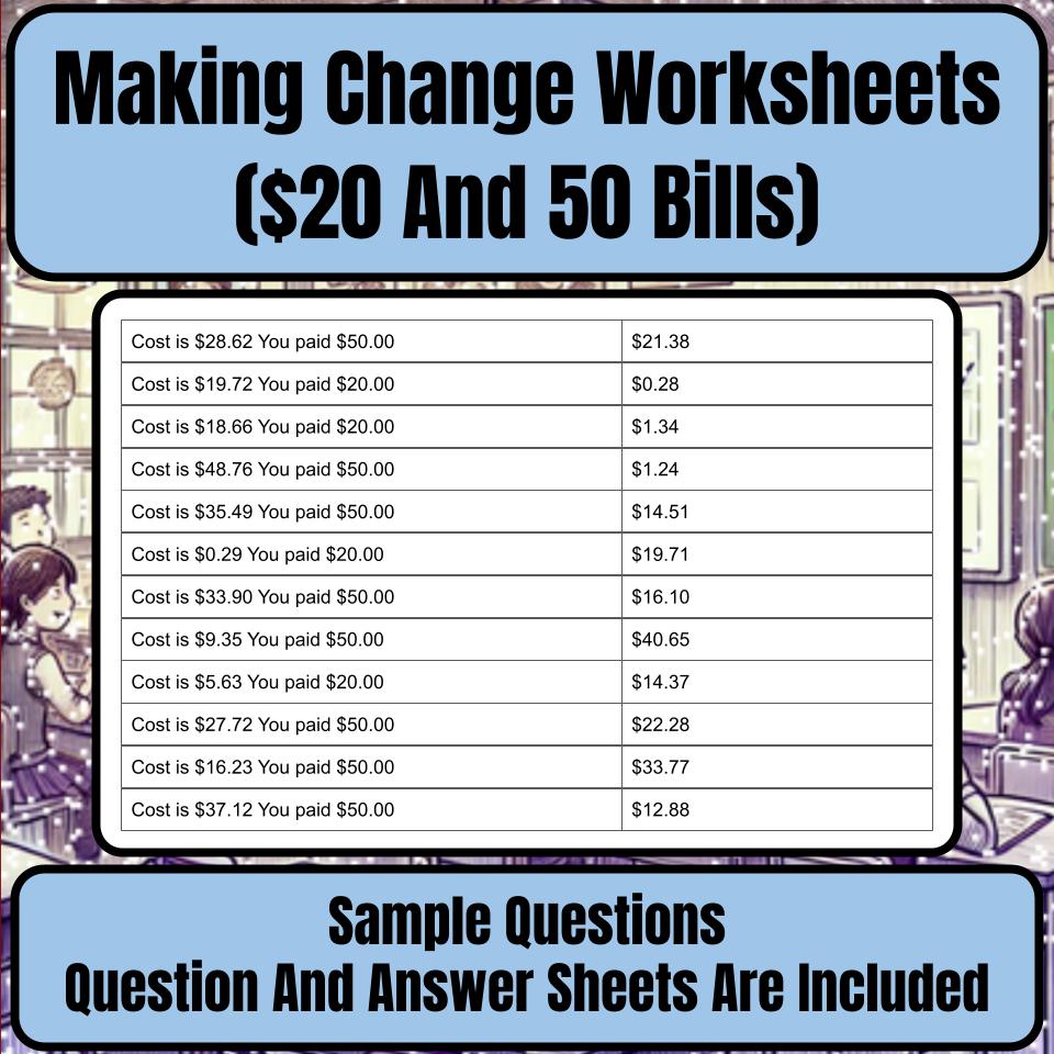 Making Change Worksheets ($20 And 50 Bills) Mystery Picture Worksheet P0055
