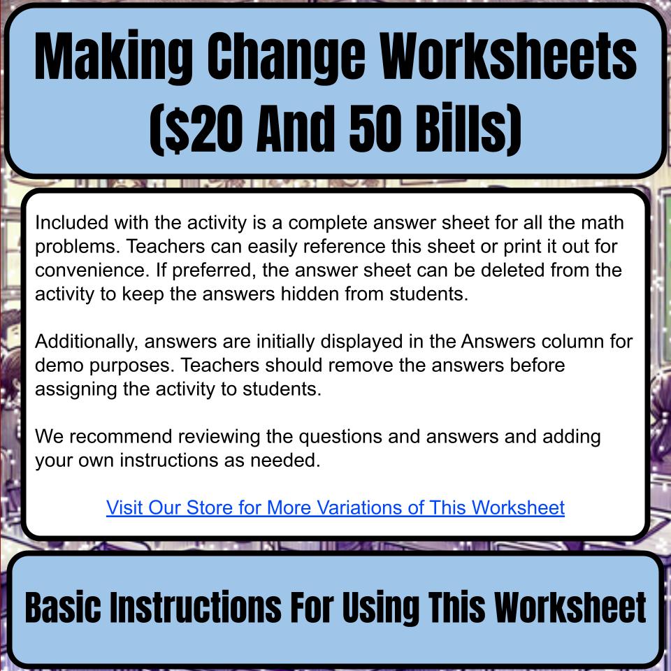 Making Change Worksheets ($20 And 50 Bills) Mystery Picture Worksheet P0055