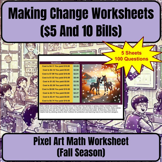 Making Change Worksheets ($5 And 10 Bills) Mystery Picture Worksheet P0056