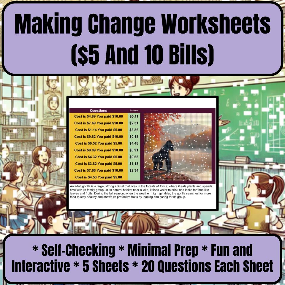 Making Change Worksheets ($5 And 10 Bills) Mystery Picture Worksheet P0056