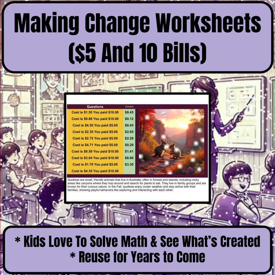 Making Change Worksheets ($5 And 10 Bills) Mystery Picture Worksheet P0056