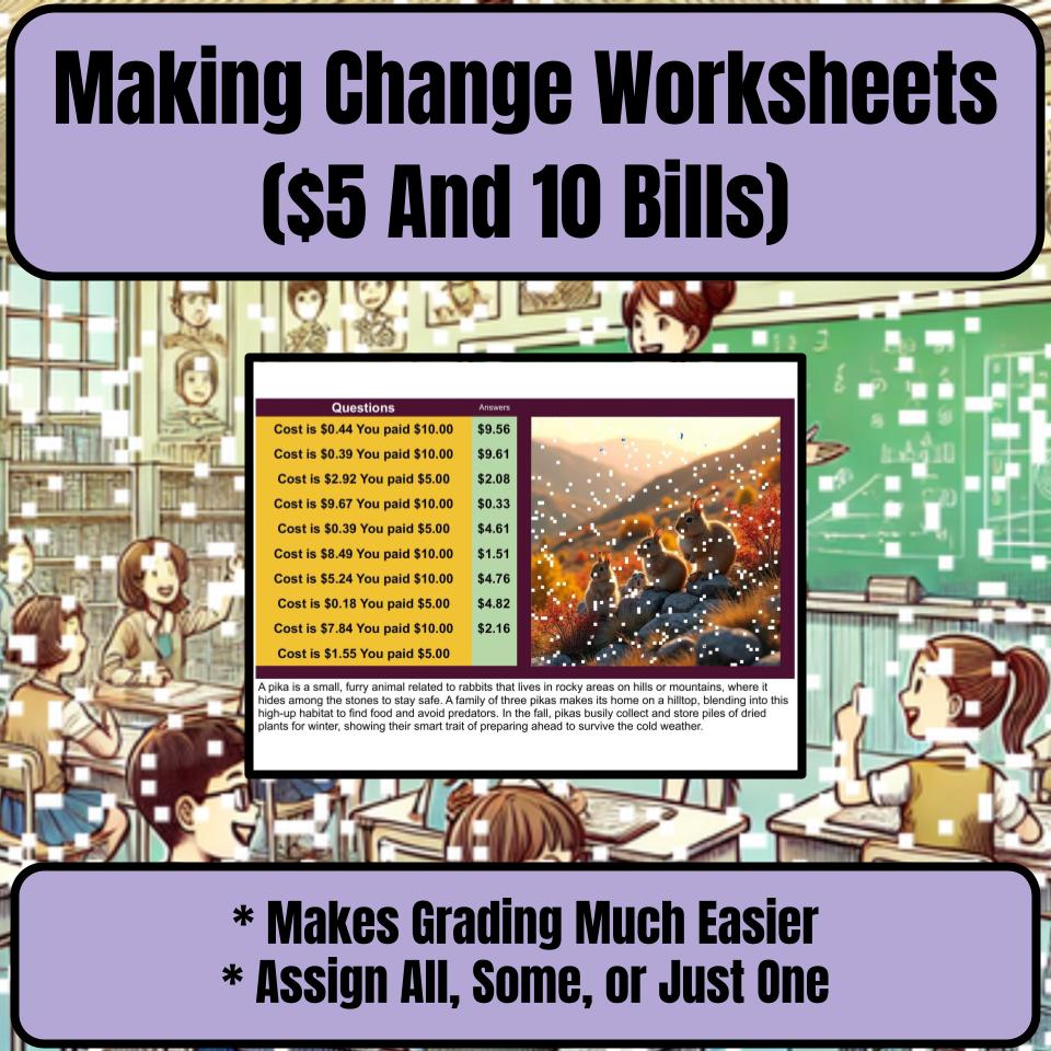 Making Change Worksheets ($5 And 10 Bills) Mystery Picture Worksheet P0056