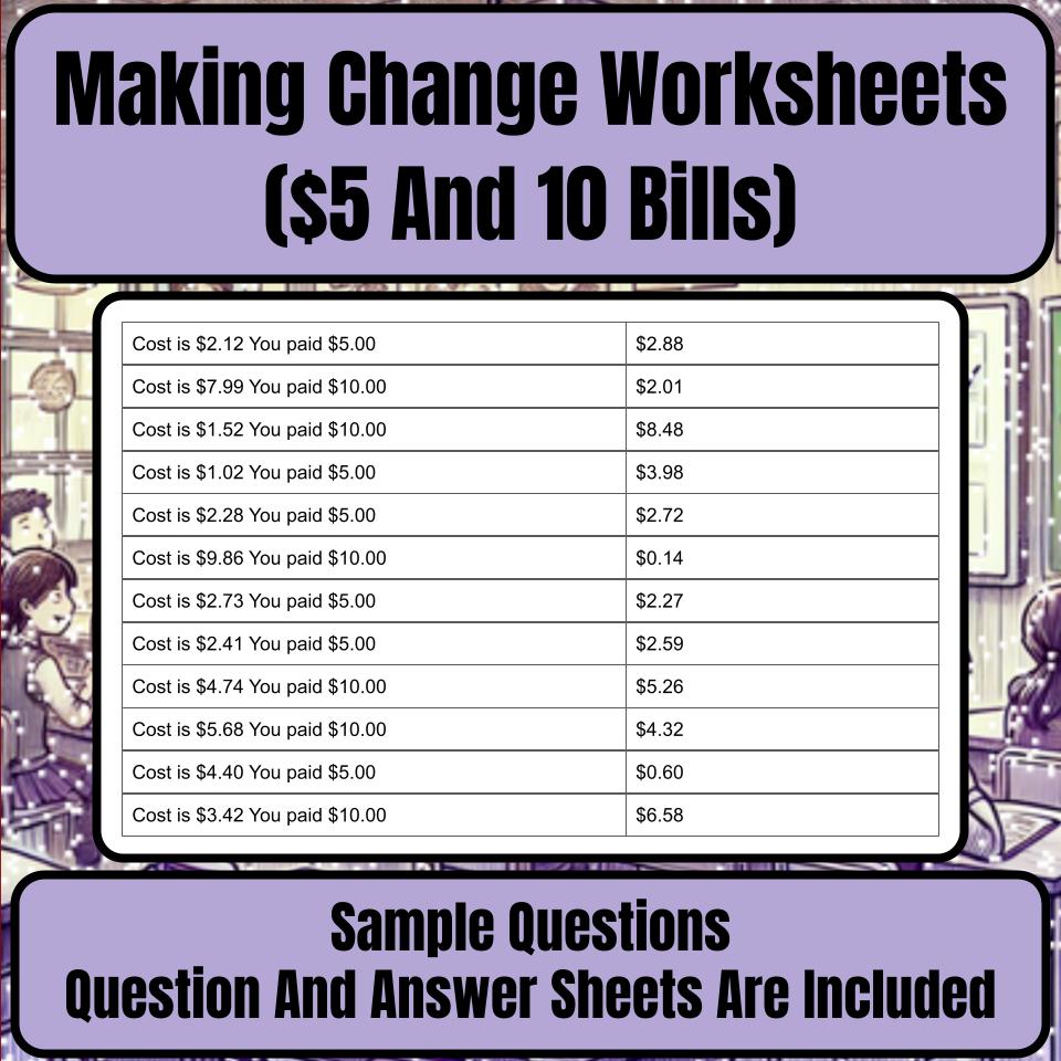 Making Change Worksheets ($5 And 10 Bills) Mystery Picture Worksheet P0056