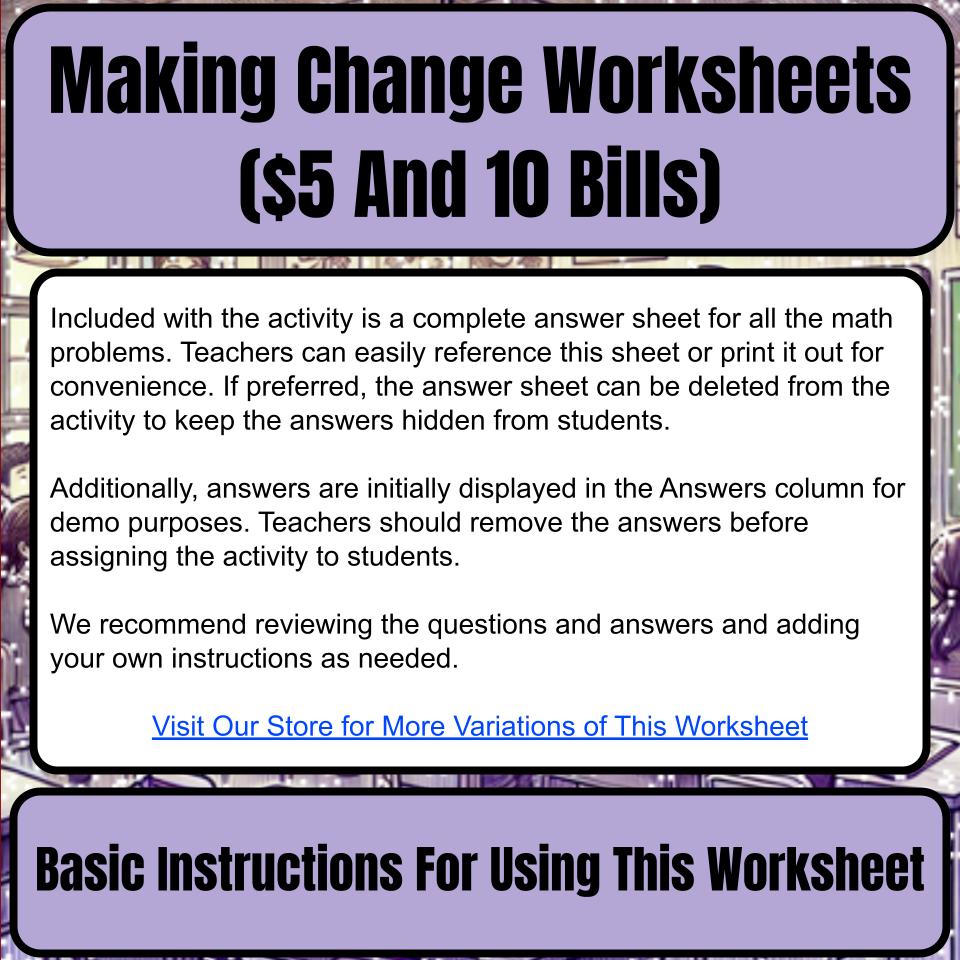 Making Change Worksheets ($5 And 10 Bills) Mystery Picture Worksheet P0056