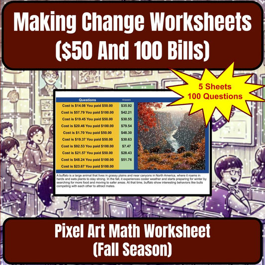 Making Change Worksheets ($50 And 100 Bills) Mystery Picture Worksheet P0057