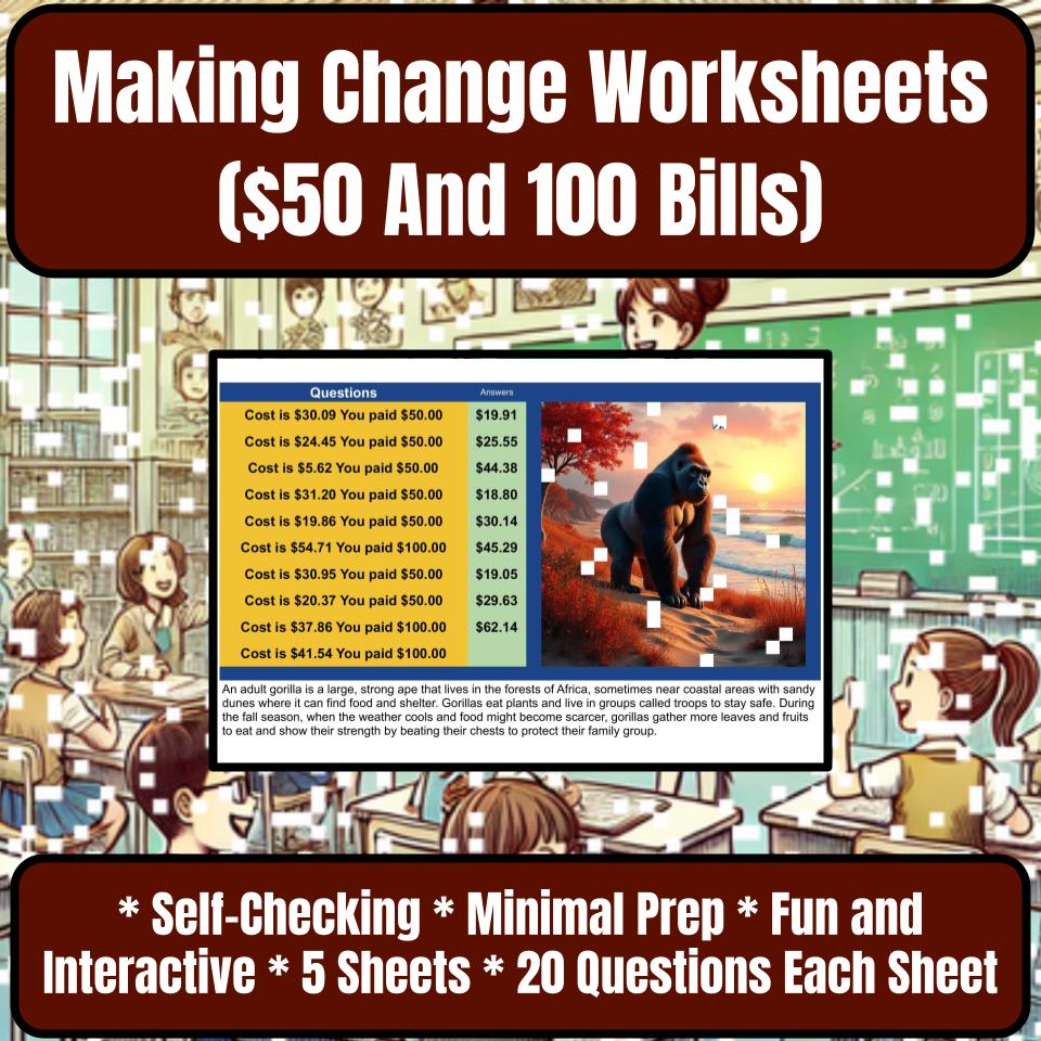 Making Change Worksheets ($50 And 100 Bills) Mystery Picture Worksheet P0057