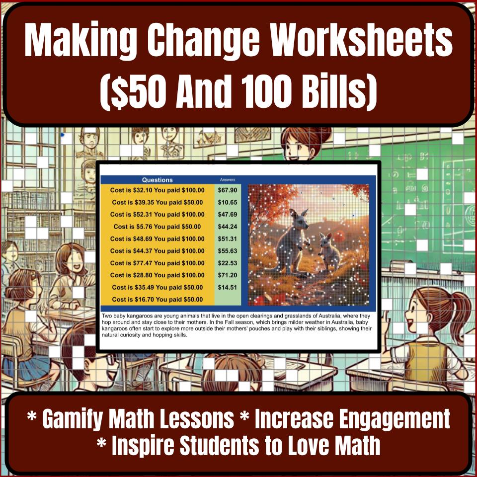 Making Change Worksheets ($50 And 100 Bills) Mystery Picture Worksheet P0057