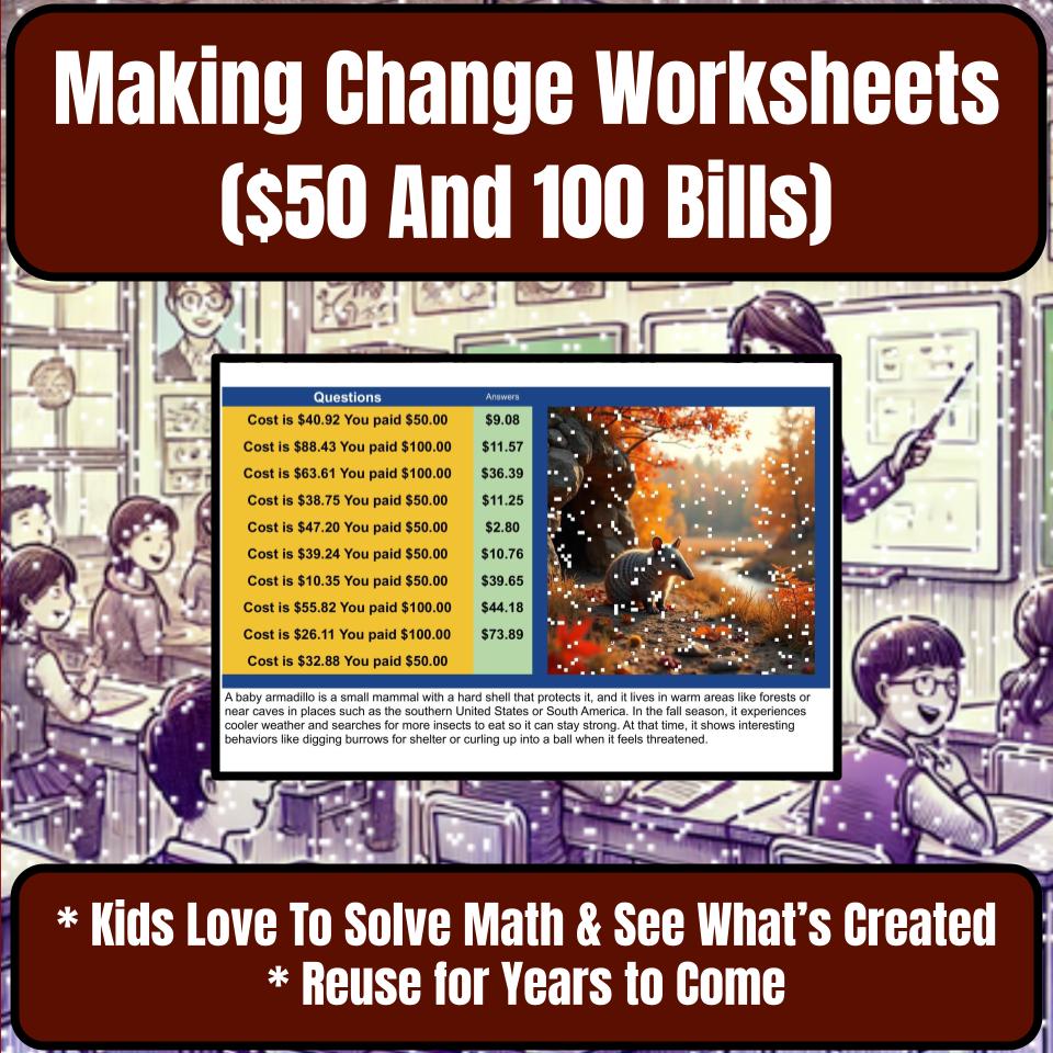 Making Change Worksheets ($50 And 100 Bills) Mystery Picture Worksheet P0057