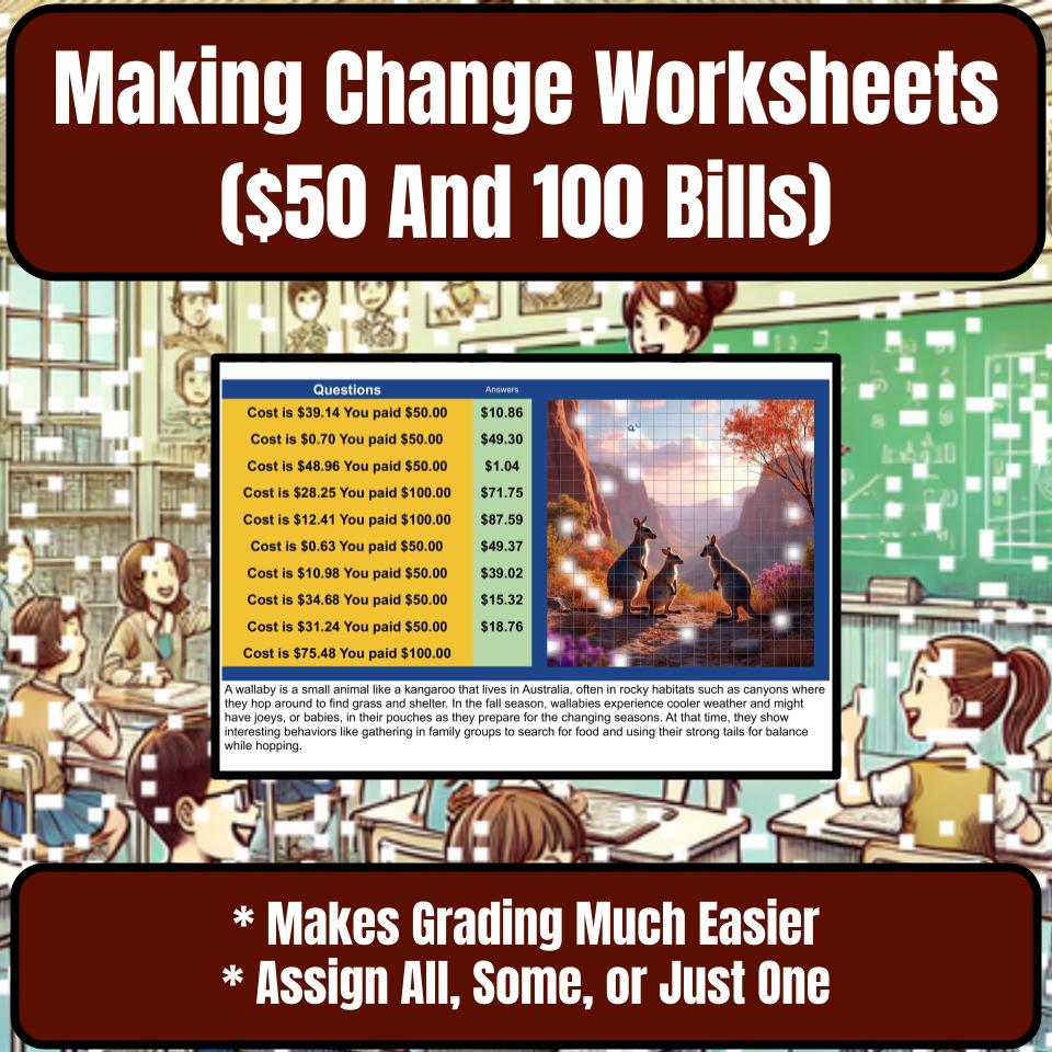 Making Change Worksheets ($50 And 100 Bills) Mystery Picture Worksheet P0057