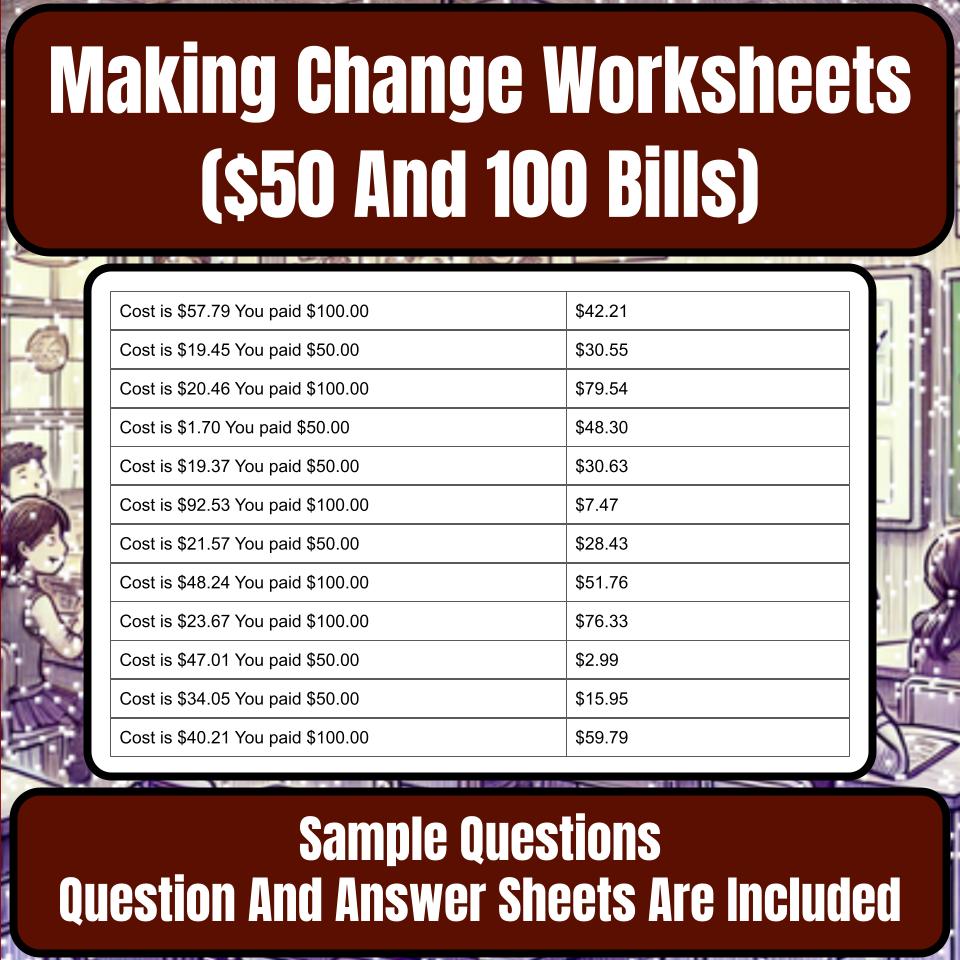 Making Change Worksheets ($50 And 100 Bills) Mystery Picture Worksheet P0057