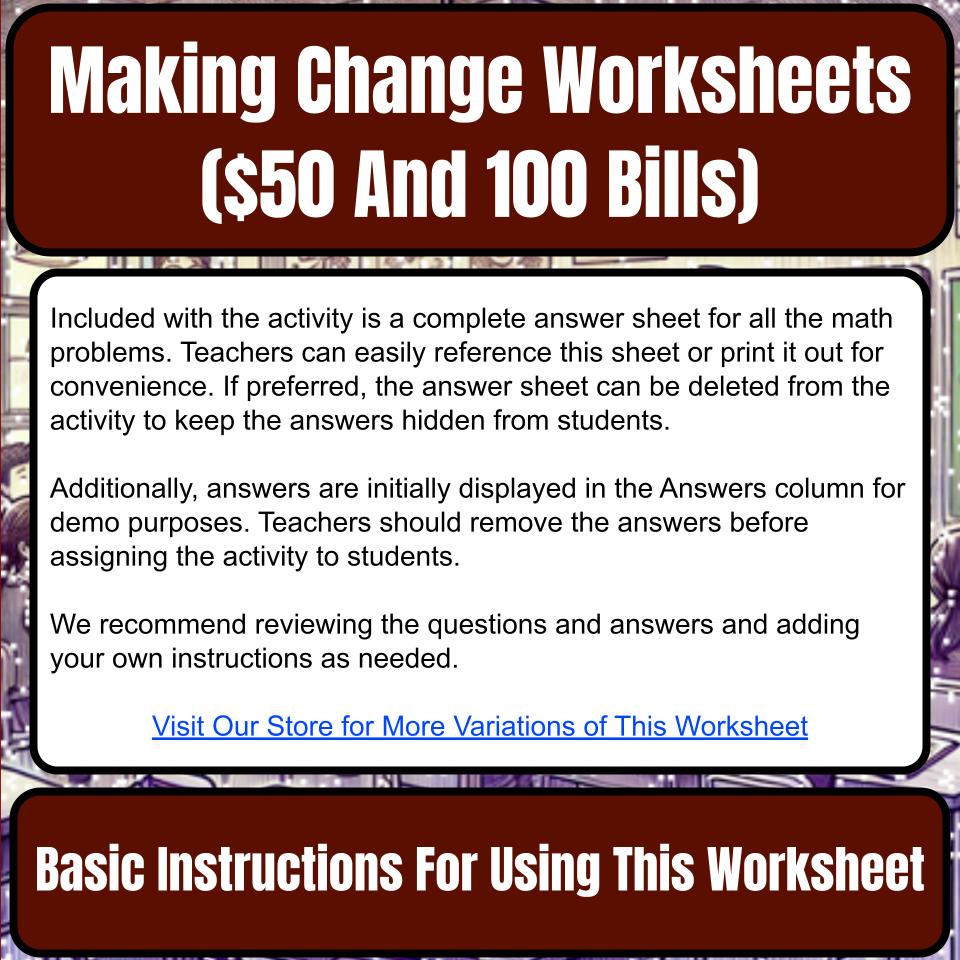 Making Change Worksheets ($50 And 100 Bills) Mystery Picture Worksheet P0057