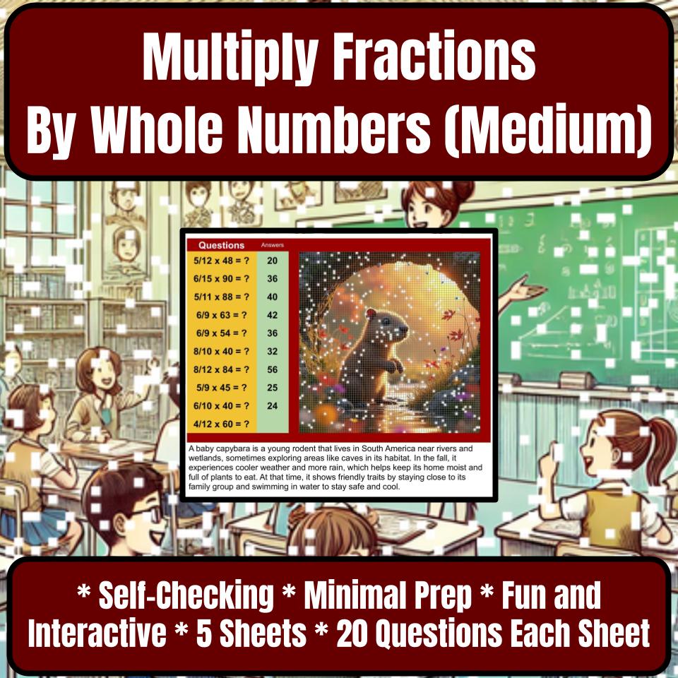 Multiply Fractions By Whole Numbers (Medium) Mystery Picture Worksheet P0058