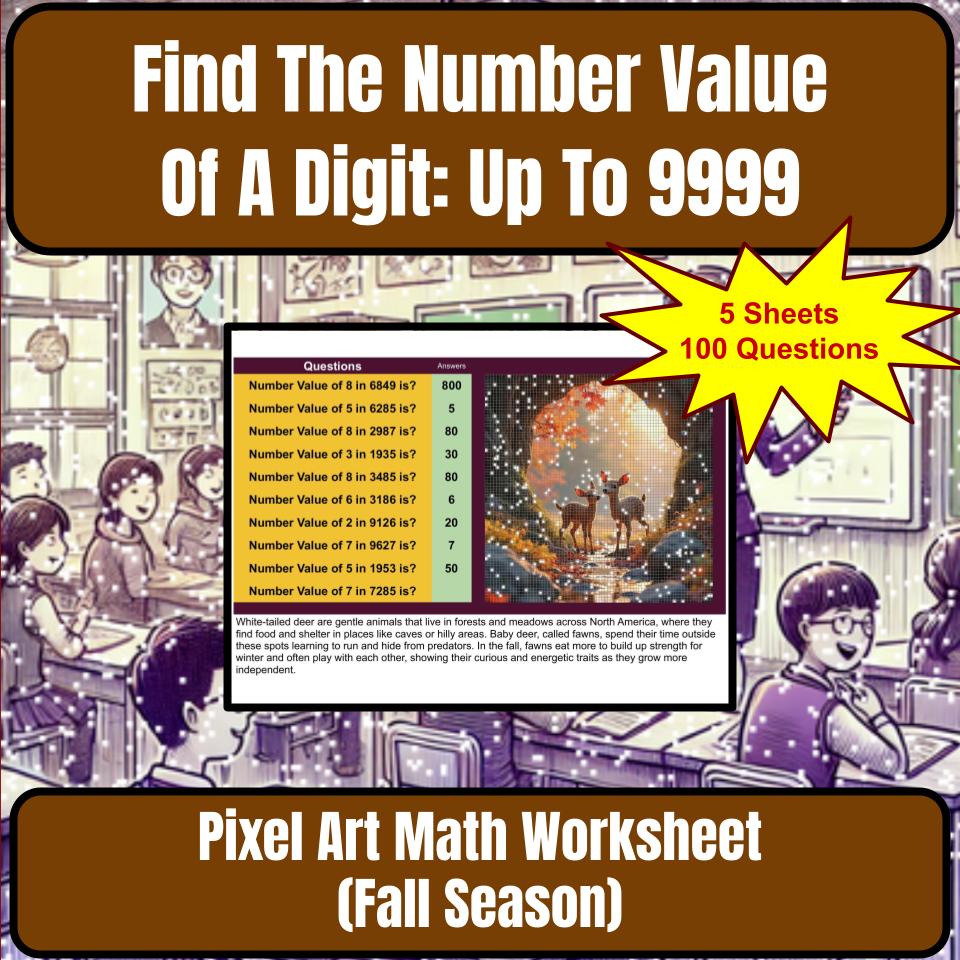 Find The Number Value Of A Digit: Up To 9999 Mystery Picture Worksheet P0059