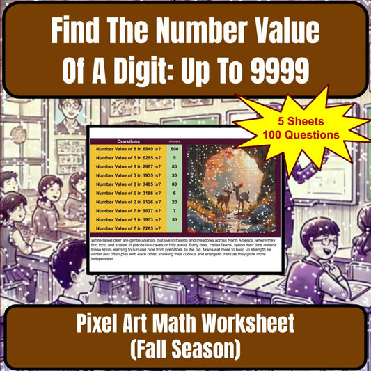 Find The Number Value Of A Digit: Up To 9999 Mystery Picture Worksheet P0059