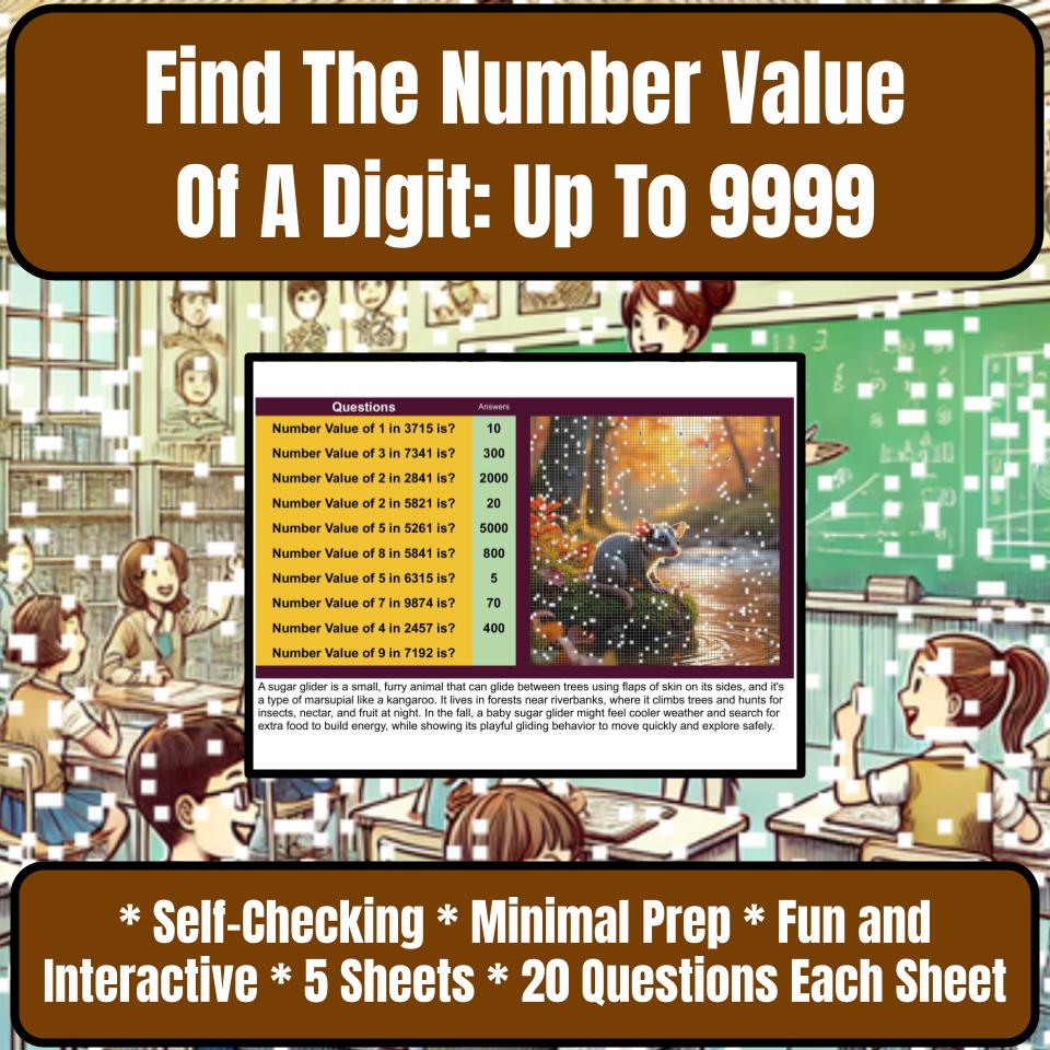 Find The Number Value Of A Digit: Up To 9999 Mystery Picture Worksheet P0059