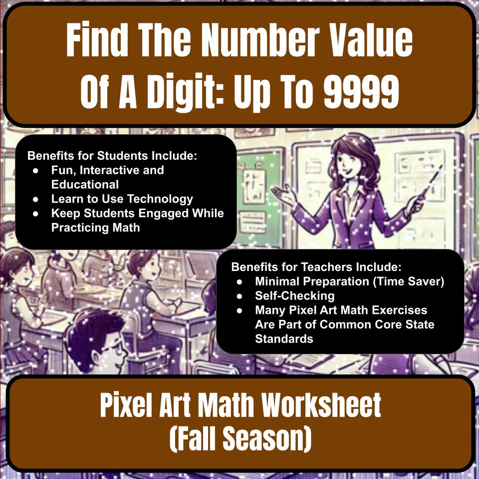 Find The Number Value Of A Digit: Up To 9999 Mystery Picture Worksheet P0059