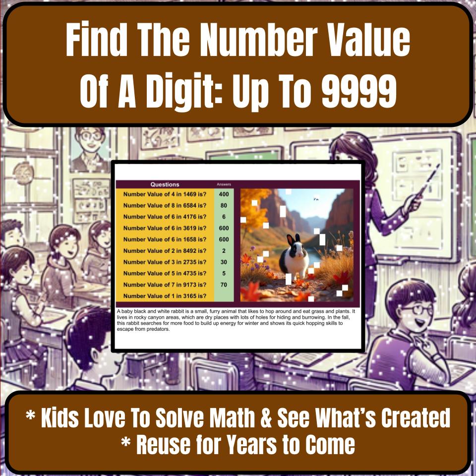 Find The Number Value Of A Digit: Up To 9999 Mystery Picture Worksheet P0059