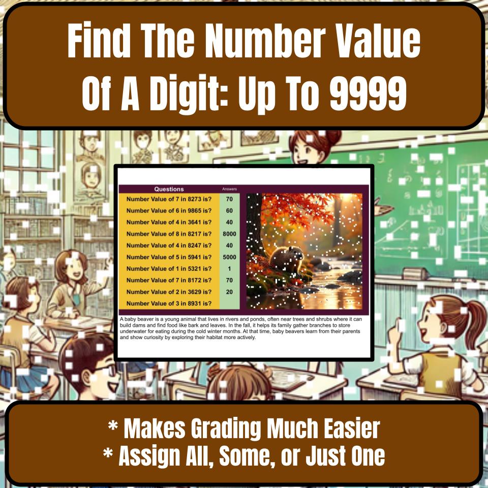 Find The Number Value Of A Digit: Up To 9999 Mystery Picture Worksheet P0059