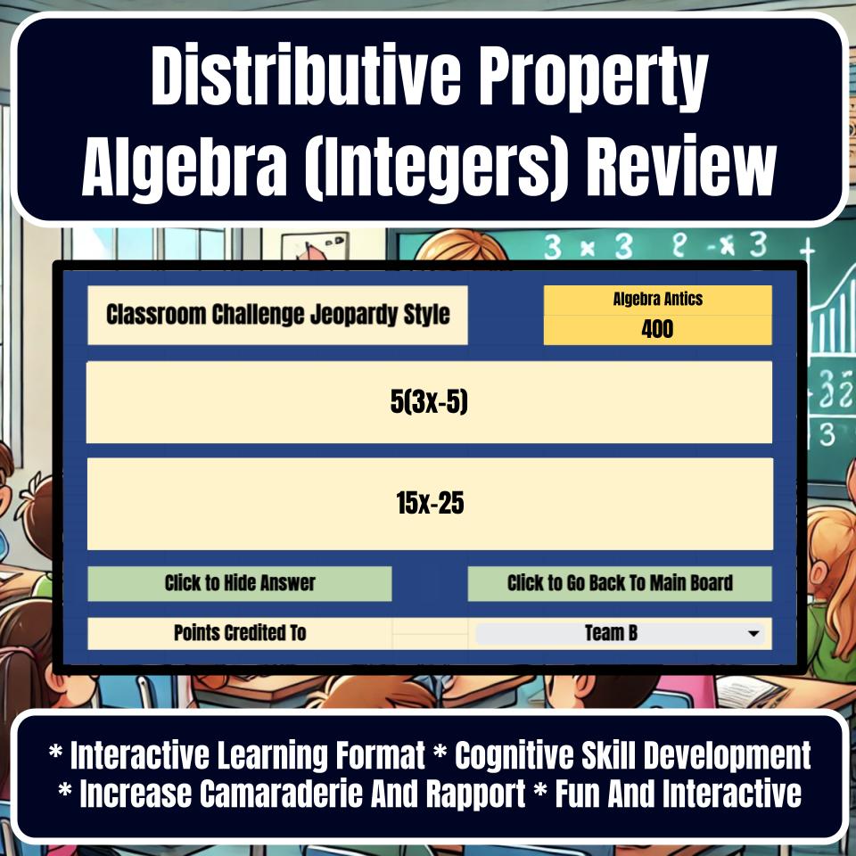 Jeopardy Distributive Property Algebra (Integers) Math Review Activity I0007