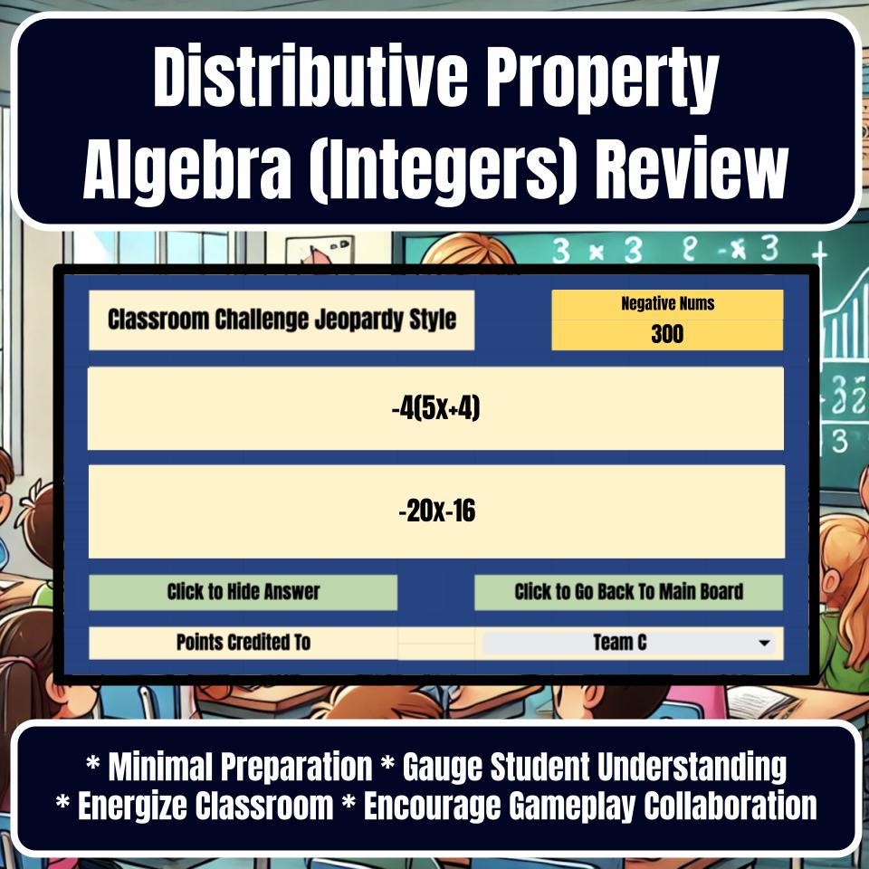 Jeopardy Distributive Property Algebra (Integers) Math Review Activity I0007