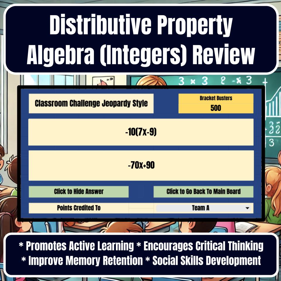 Jeopardy Distributive Property Algebra (Integers) Math Review Activity I0007