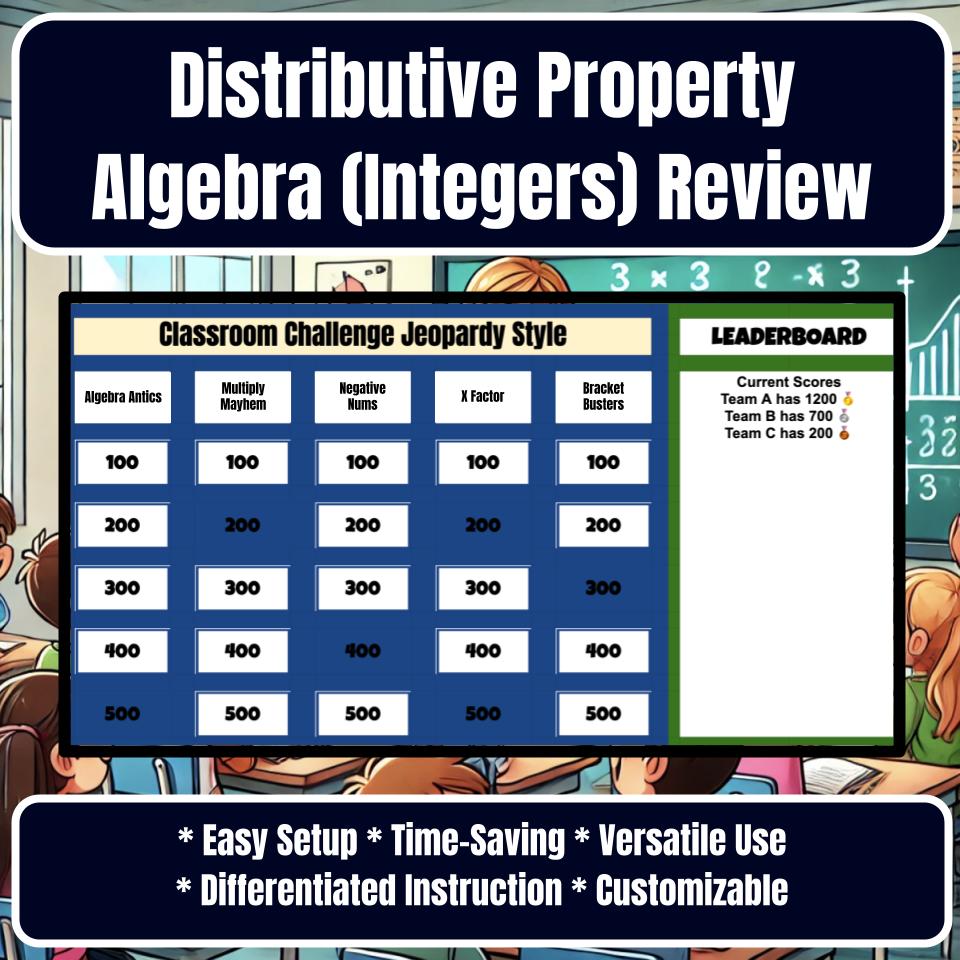 Jeopardy Distributive Property Algebra (Integers) Math Review Activity I0007