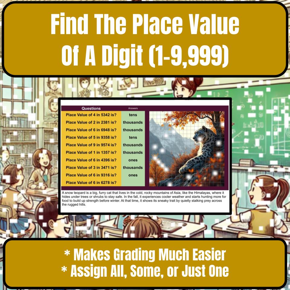 Find The Place Value Of A Digit (1-9,999) Mystery Picture Worksheet P0070