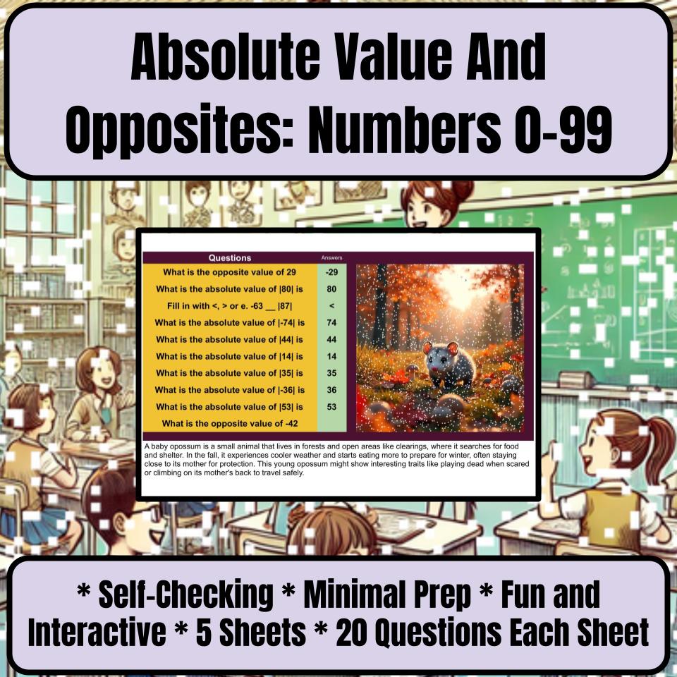 Absolute Value And Opposites: Numbers 0-99 Mystery Picture Worksheet P0085