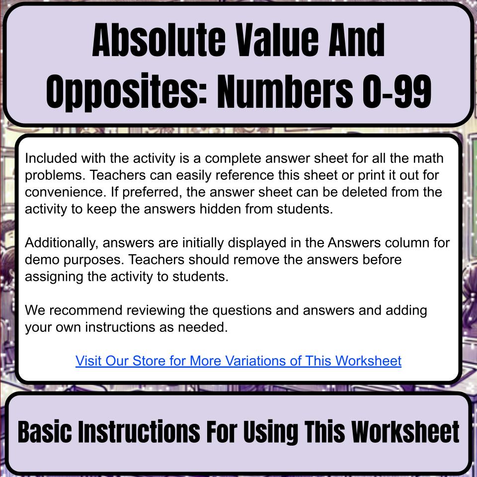 Absolute Value And Opposites: Numbers 0-99 Mystery Picture Worksheet P0085