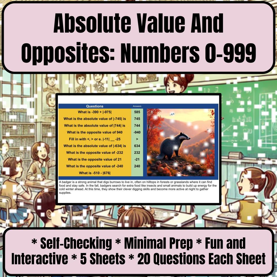 Absolute Value And Opposites: Numbers 0-999 Mystery Picture Worksheet P0086