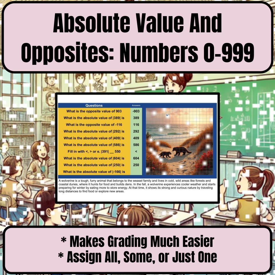 Absolute Value And Opposites: Numbers 0-999 Mystery Picture Worksheet P0086