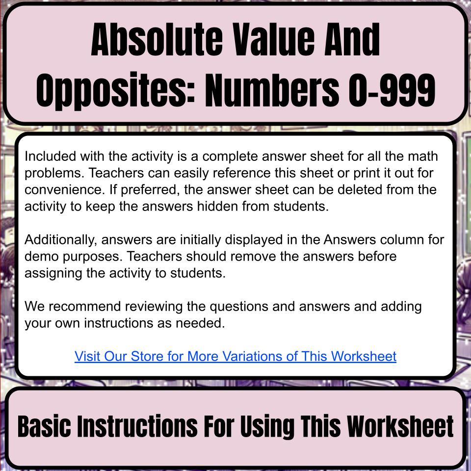Absolute Value And Opposites: Numbers 0-999 Mystery Picture Worksheet P0086