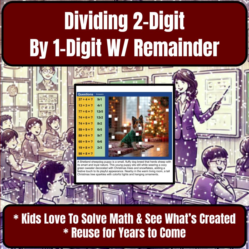 Dividing 2-Digit By 1-Digit W/ Remainder Mystery Picture Worksheet P0095