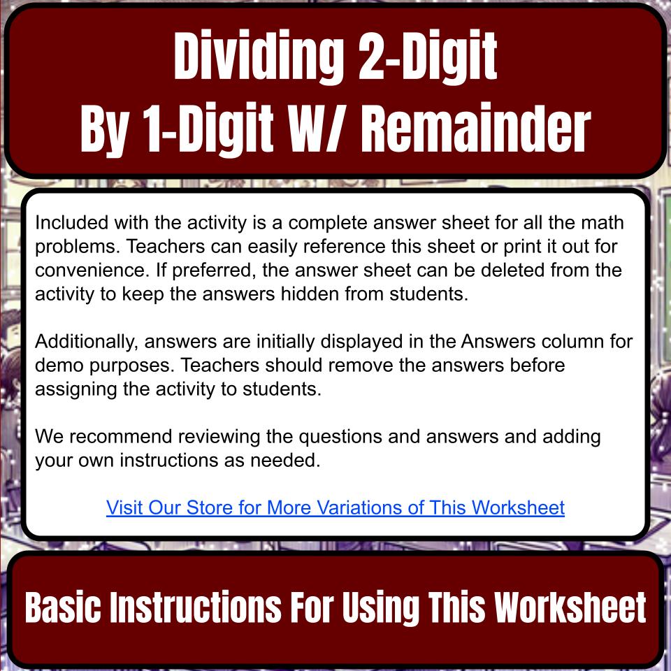 Dividing 2-Digit By 1-Digit W/ Remainder Mystery Picture Worksheet P0095