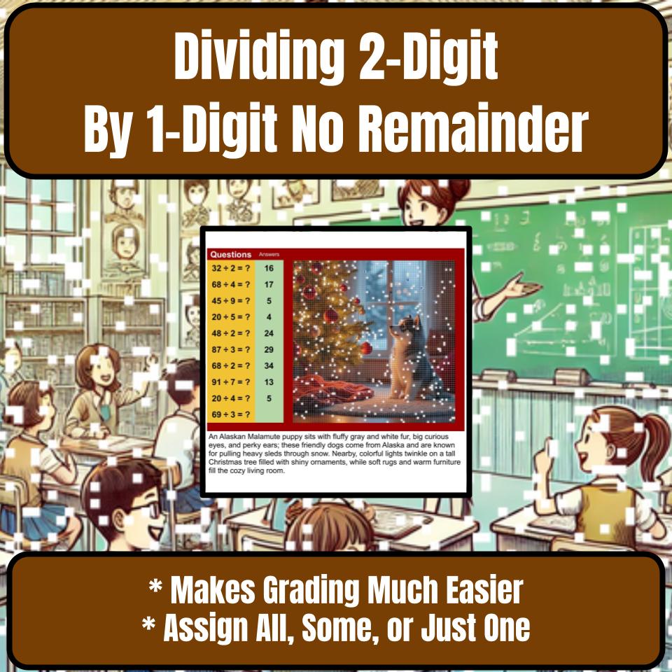 Dividing 2-Digit By 1-Digit No Remainder Mystery Picture Worksheet P0096
