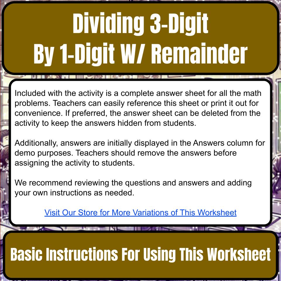 Dividing 3-Digit By 1-Digit W/ Remainder Mystery Picture Worksheet P0097