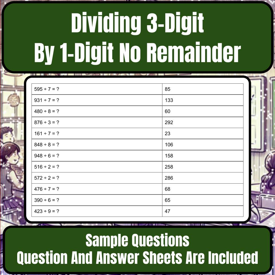 Dividing 3-Digit By 1-Digit No Remainder Mystery Picture Worksheet P0098