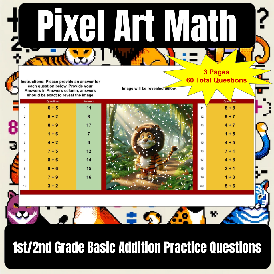 Pixel Art Math for Google Sheets (Addition 1 digit + 1 digit) Digital ...