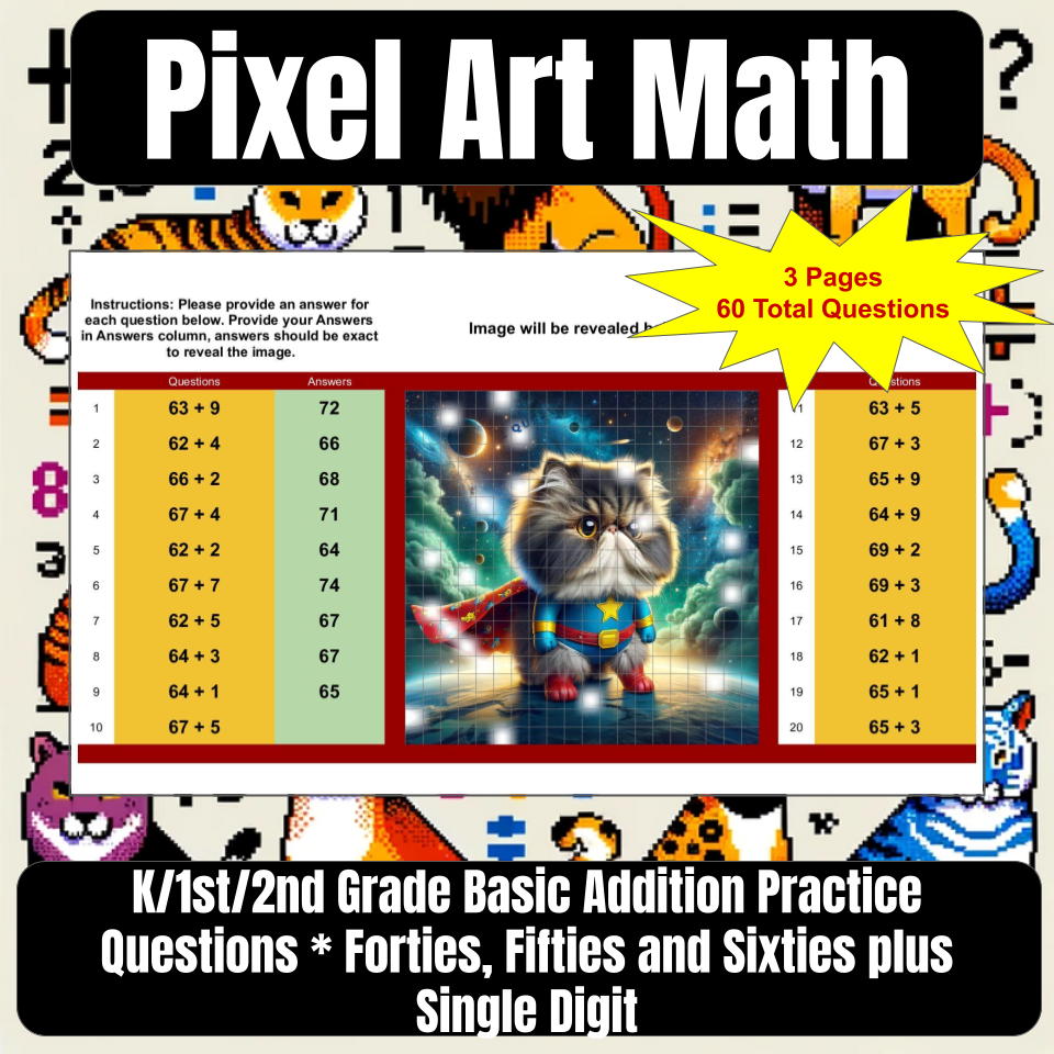 Pixel Art Math 2 Digit(40s,50s,60s) + 1 Digit Addition for Google Shee ...