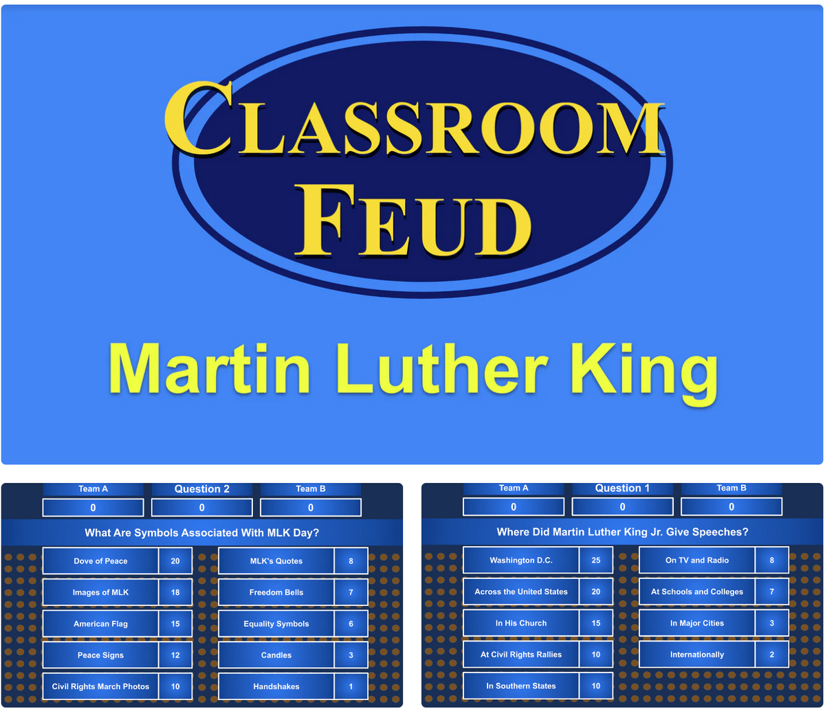 Martin Luther King Day Family Feud Style Google Slides Template - 30 Questions and Answers