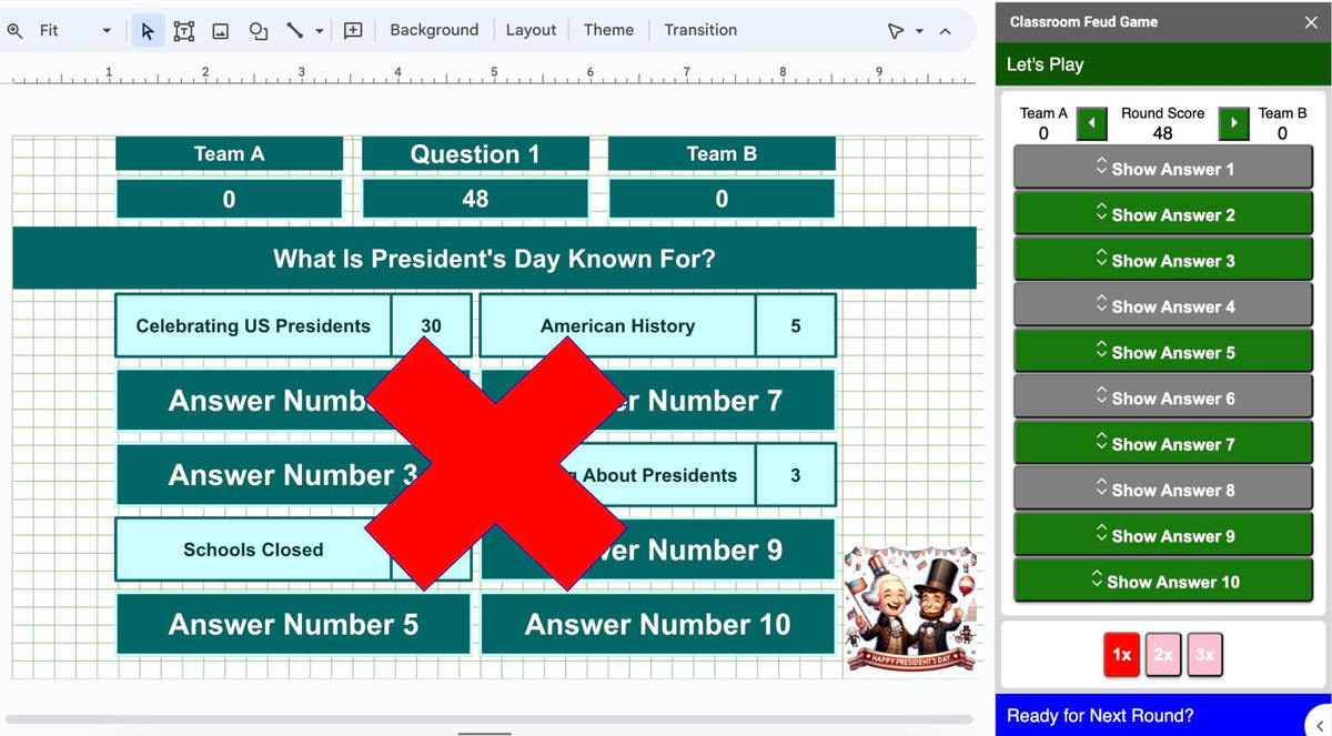 President's Day Family Feud Style 30 Questions and Answers Google Slides Template